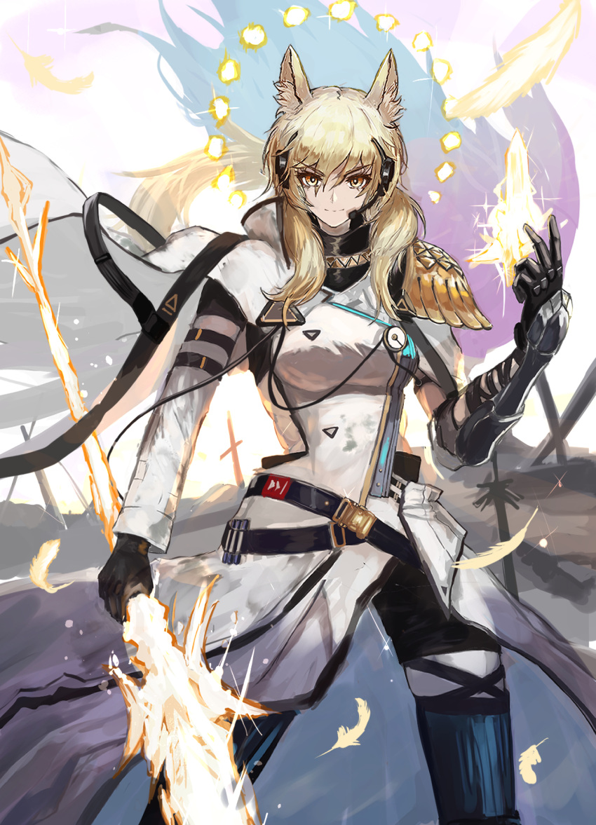 1girl animal_ear_fluff animal_ears arknights armor belt black_gloves blonde_hair breasts cowboy_shot dmno#0 energy_spear gauntlets gloves headset highres holding holding_polearm holding_weapon horse_ears horse_girl implied_extra_ears long_hair looking_at_viewer low_ponytail medium_breasts nearl_(arknights) nearl_the_radiant_knight_(arknights) orange_eyes pauldrons polearm ponytail shoulder_armor single_pauldron smile solo weapon