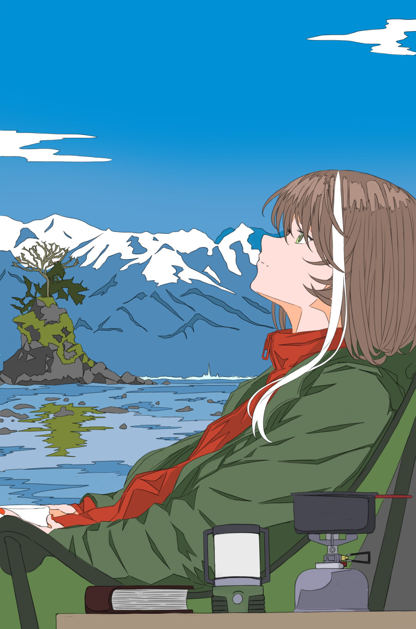 1girl absurdres asu_(sinsekai) bare_tree blue_sky book brown_hair camping_chair closed_mouth coat cup from_side green_coat green_eyes highres holding holding_cup island jacket kino_(kin0_oz) lake lantern light_smile ligne_claire long_sleeves looking_up mountain mountainous_horizon multicolored_hair open_clothes open_coat outdoors portable_stove profile red_jacket sinsekai_studio sky solo streaked_hair table tree turtleneck upper_body virtual_youtuber white_hair
