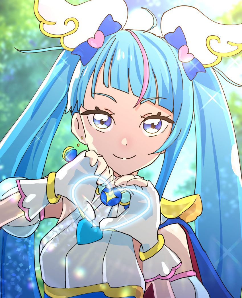 1girl ahoge blue_cape blue_eyes blue_hair cape closed_mouth cure_sky cut_bangs day detached_sleeves dress earrings fingerless_gloves gloves heart heart_hands highres hirogaru_sky!_precure jewelry light_trail long_hair looking_at_viewer magical_girl multicolored_hair outdoors pink_hair precure puffy_detached_sleeves puffy_sleeves sasaba_enu single_sidelock sleeveless sleeveless_dress smile solo sora_harewataru sparkle streaked_hair twintails two-sided_cape two-sided_fabric upper_body white_gloves wing_hair_ornament