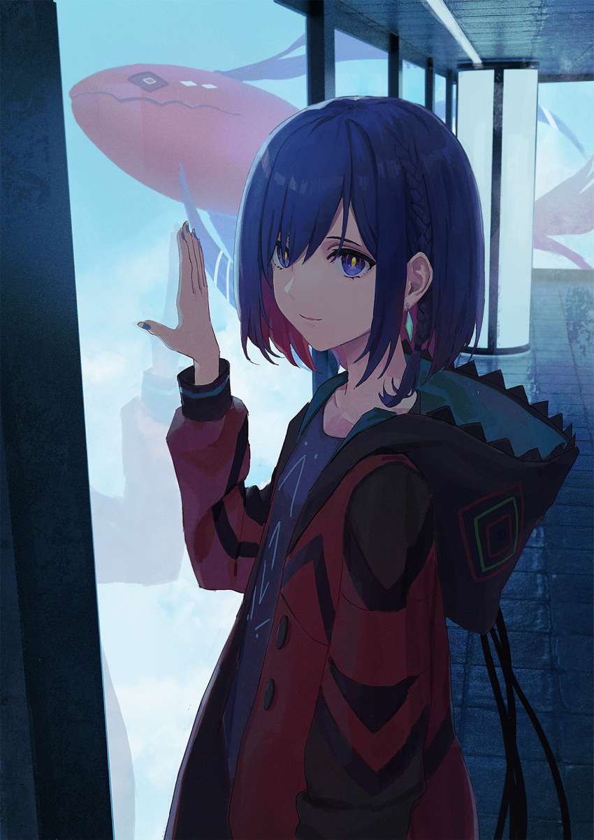 1girl blue_eyes blue_hair blue_nails blue_shirt braid building closed_mouth collarbone colored_inner_hair commentary fish flying_fish from_side hand_on_glass hand_up hastur_(kamitsubaki_studio) highres hood hood_down hooded_jacket indoors jacket kamitsubaki_studio long_sleeves looking_at_viewer looking_to_the_side multicolored_clothes multicolored_eyes multicolored_hair multicolored_jacket nekoreito open_clothes open_jacket red_eyes red_jacket redhead reflective_floor rim_(kamitsubaki_studio) shirt short_hair side_braid skyscraper smile solo_focus swept_bangs tile_floor tiles virtual_youtuber window yellow_pupils