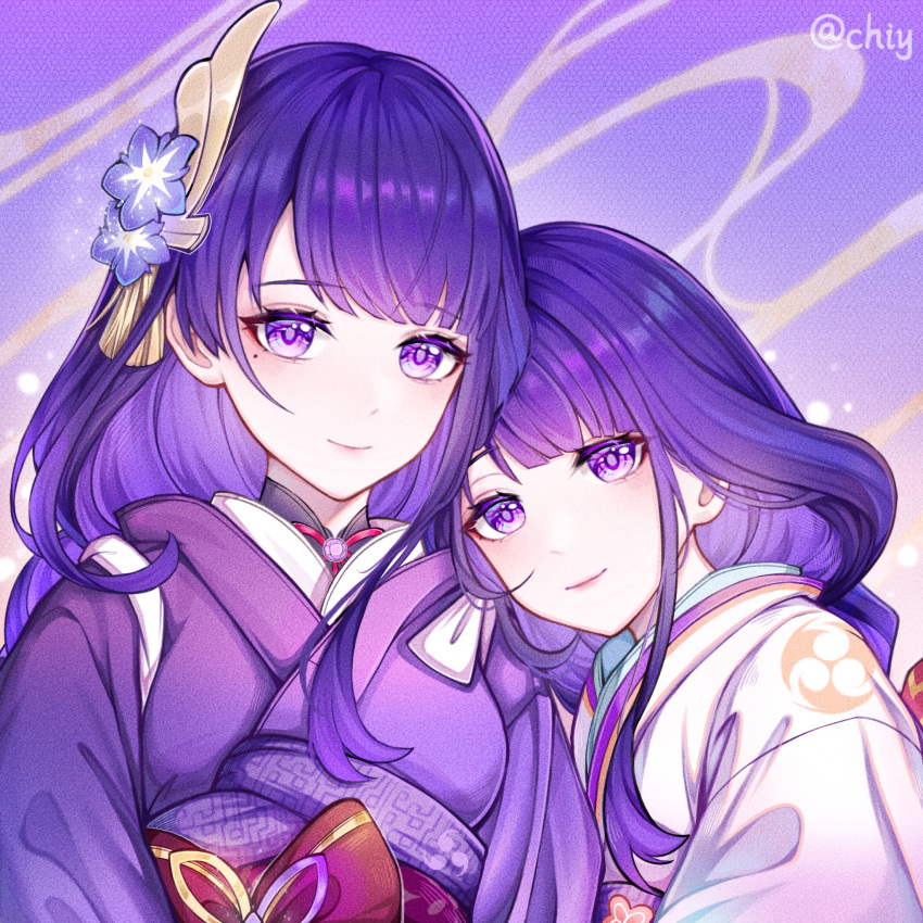 2girls chinese_commentary chishahaone commentary_request flower genshin_impact hair_flower hair_ornament highres japanese_clothes kimono long_hair makoto_(genshin_impact) mole mole_under_eye multiple_girls purple_hair purple_kimono raiden_shogun siblings sisters smile spoilers twins violet_eyes