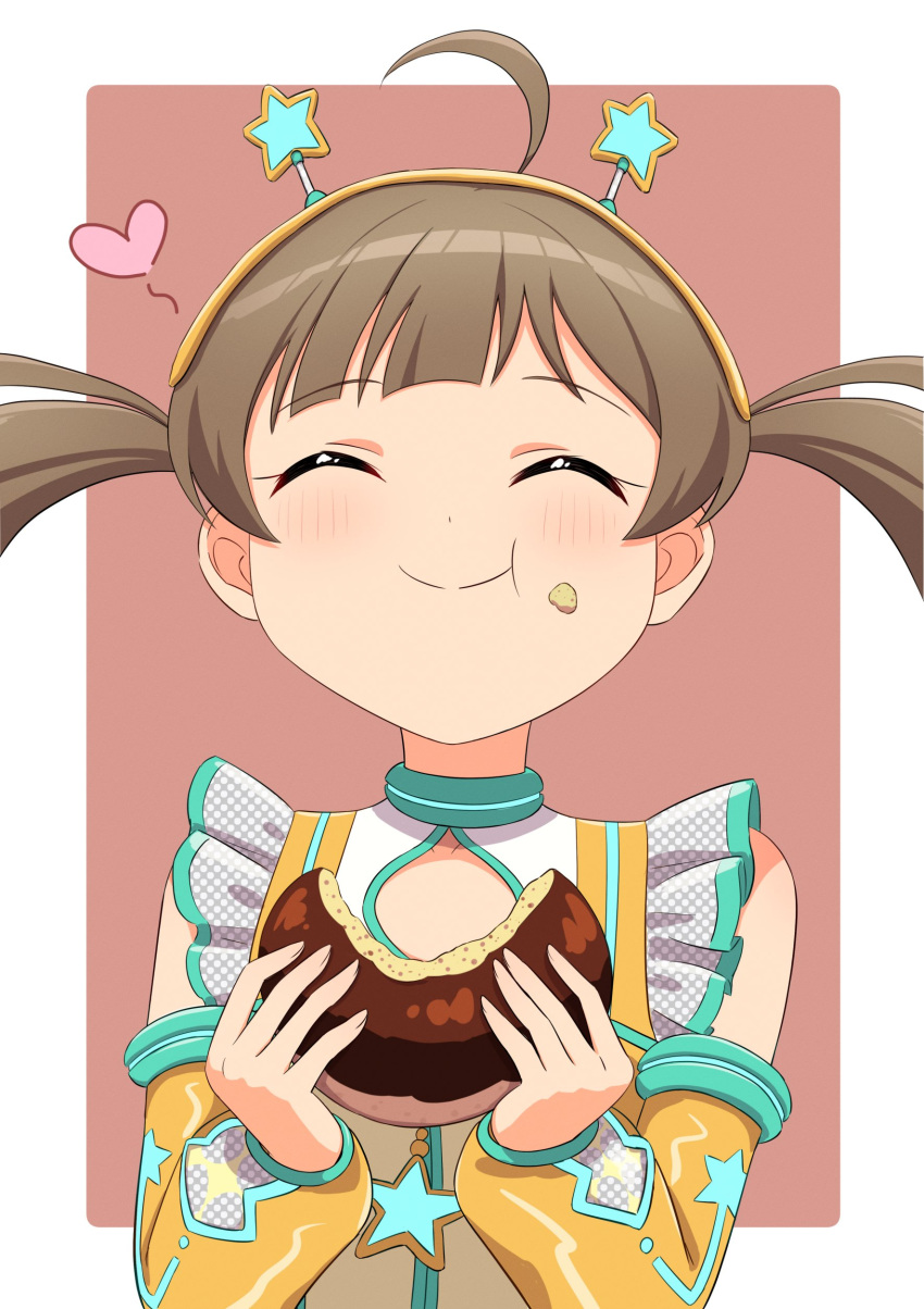 1girl absurdres ahoge bare_shoulders blush bread brown_hair chocolate_bread clothing_cutout detached_sleeves dress eating food food_on_face frilled_dress frills grid_background hair_ornament hairband hakozaki_serika happy heart highres holding holding_food idolmaster idolmaster_million_live! idolmaster_million_live!_theater_days kasabutap long_hair multicolored_clothes multicolored_dress pink_background simple_background smile solo star_(symbol) twintails two-tone_background white_background yellow_sleeves