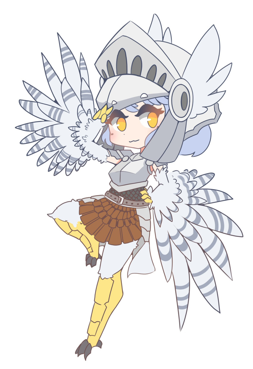 1girl armor belt bird_legs blue_hair blush breastplate chainmail chibi commentary commission english_commentary faulds grey_feathers hand_on_own_hip harpy helmet highres leather_skirt looking_at_viewer medium_hair monster_girl nn_(eogks) original pauldrons salute second-party_source shoulder_armor simple_background solo talons visor_(armor) white_background winged_arms winged_helmet wings yellow_eyes