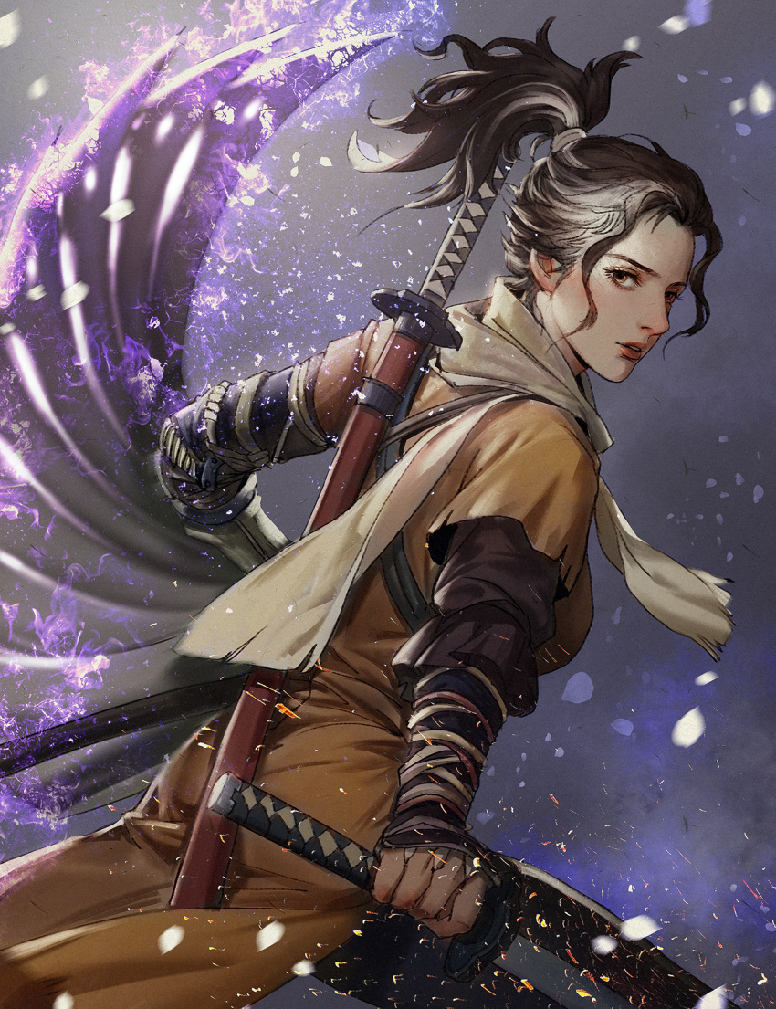 1girl black_hair brown_eyes cdash817 coat genderswap genderswap_(mtf) highres holding holding_sword holding_weapon katana mechanical_arms ninja orange_coat prosthesis prosthetic_arm scarf sekiro sekiro:_shadows_die_twice single_mechanical_arm solo sword topknot weapon