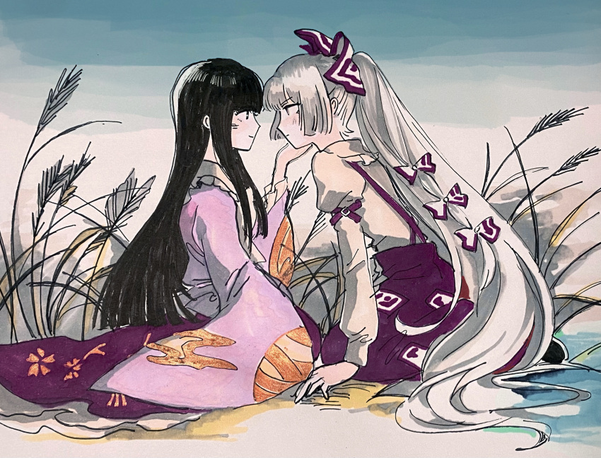 2girls black_hair blunt_bangs blush bow collared_shirt commentary eye_contact floral_print from_side fujiwara_no_mokou grey_hair hair_bow hand_on_another's_chin highres hime_cut houraisan_kaguya japanese_clothes light_frown long_hair long_skirt long_sleeves looking_at_another multiple_girls ofuda ofuda_on_clothes pants pink_shirt red_pants red_skirt reeds shirt shoes sidelocks sitting skirt sky sleeve_garter sleeves_past_wrists smile subaru_(user_tmwv7722) suspenders touhou very_long_hair white_bow white_shirt wide_sleeves yuri