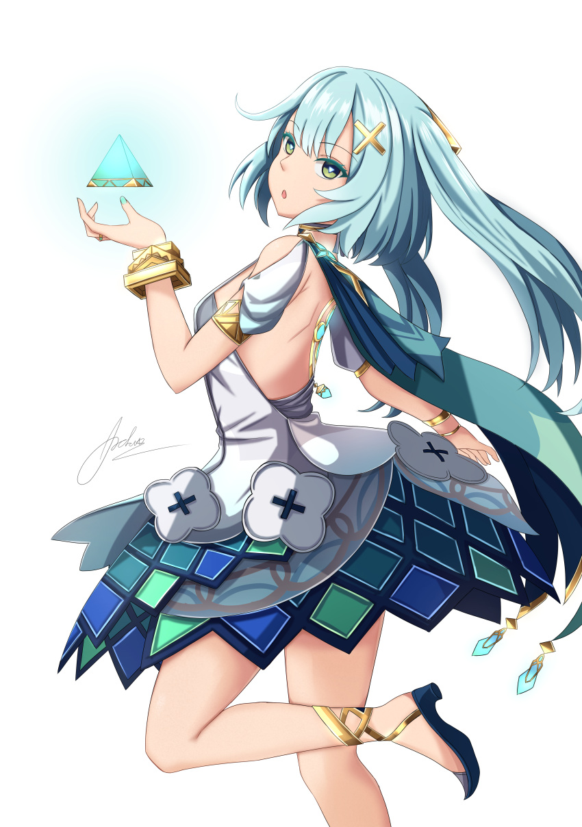 1girl absurdres aoikito_lavender086 aqua_hair bare_back bracelet commentary detached_sleeves faruzan_(genshin_impact) from_side genshin_impact gladiator_sandals green_eyes hair_between_eyes hair_ornament head_tilt highres jewelry long_hair looking_at_viewer looking_to_the_side neck_ring parted_lips pyramid_(geometry) sandals short_sleeves shoulder_blades sidelocks simple_background solo standing standing_on_one_leg symbol-shaped_pupils triangle-shaped_pupils twintails white_background x_hair_ornament