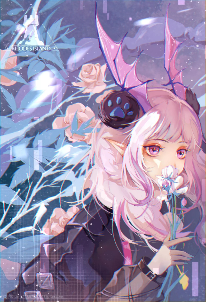 1girl absurdres arknights black_jacket blue_nails covered_mouth covering_mouth earmuffs fingernails flower hand_up head_wings highres holding holding_flower jacket leaf long_hair long_sleeves manticore_(arknights) manticore_(invisible_dirge)_(arknights) nail_polish pink_eyes pink_flower pink_hair pink_rose pointy_ears procreate_(medium) rhodes_island_logo rose simisimi solo upper_body