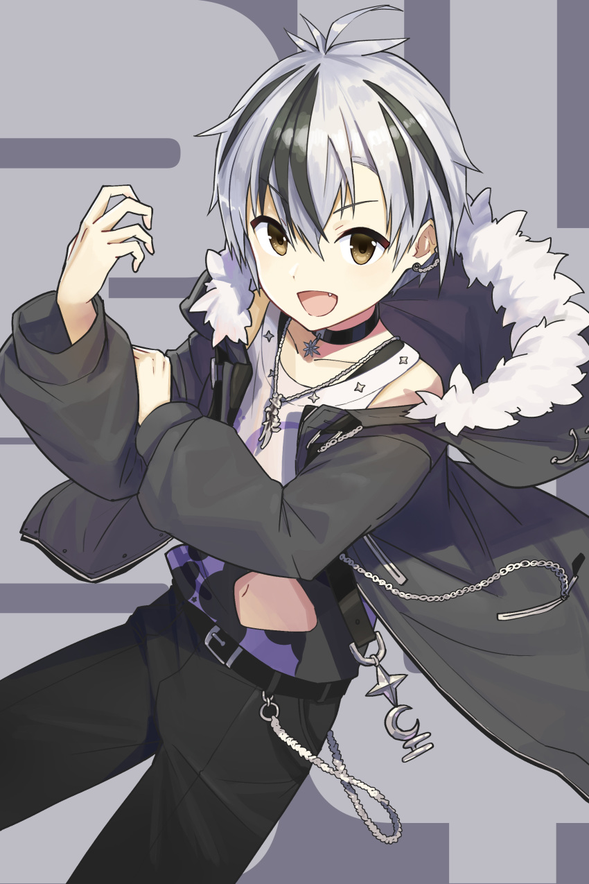 1boy absurdres black_choker black_coat black_hair black_pants brown_eyes choker coat fur-trimmed_coat fur_trim hair_between_eyes highres jewelry male_focus multicolored_hair mytea_(3e296) necklace nijisanji open_mouth pants smile solo suzuki_masaru virtual_youtuber white_hair