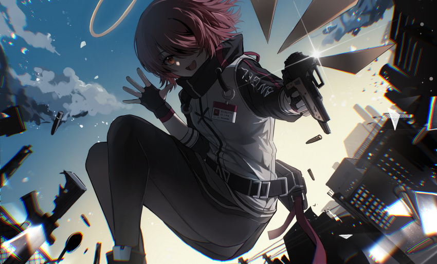 1girl :d absurdres aiming_at_viewer arknights belt belt_buckle bird black_belt black_gloves black_jacket black_pantyhose buckle building bullet cangxxx clouds detached_wings exusiai_(arknights) feet_out_of_frame fingerless_gloves glint gloves gun hair_over_one_eye halo hands_up highres jacket kriss_vector long_sleeves looking_at_viewer multicolored_clothes multicolored_jacket one_eye_covered open_mouth pantyhose railing red_eyes redhead short_hair sky smile submachine_gun teeth two-tone_jacket upper_teeth_only weapon white_jacket wings