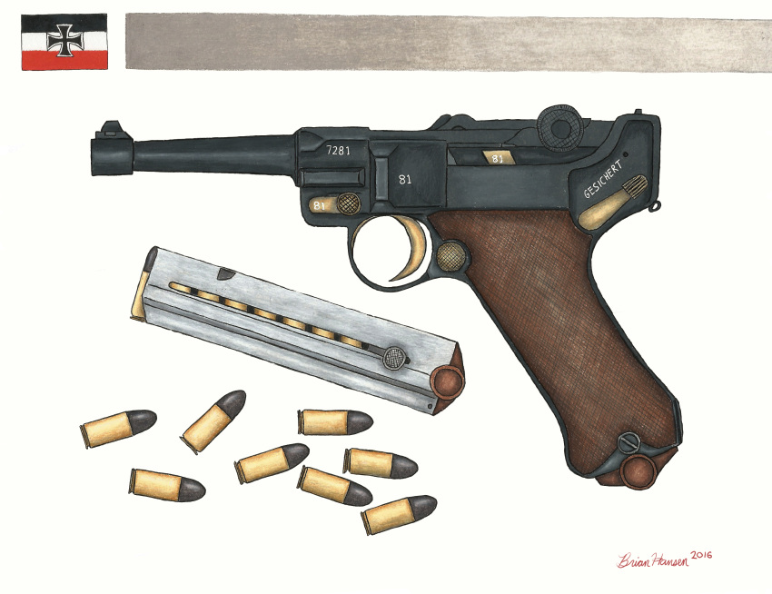 2016 absurdres ammunition artist_name bullet cartridge colored_pencil_(medium) commentary cross english_commentary german_text grey_stripes gun handgun highres imperial_german_flag iron_cross luger_p08 magazine_(weapon) no_humans original pen_(medium) photoshop_(medium) screw simple_background single_stripe still_life stopsigndrawer81 traditional_media translated weapon weapon_focus white_background