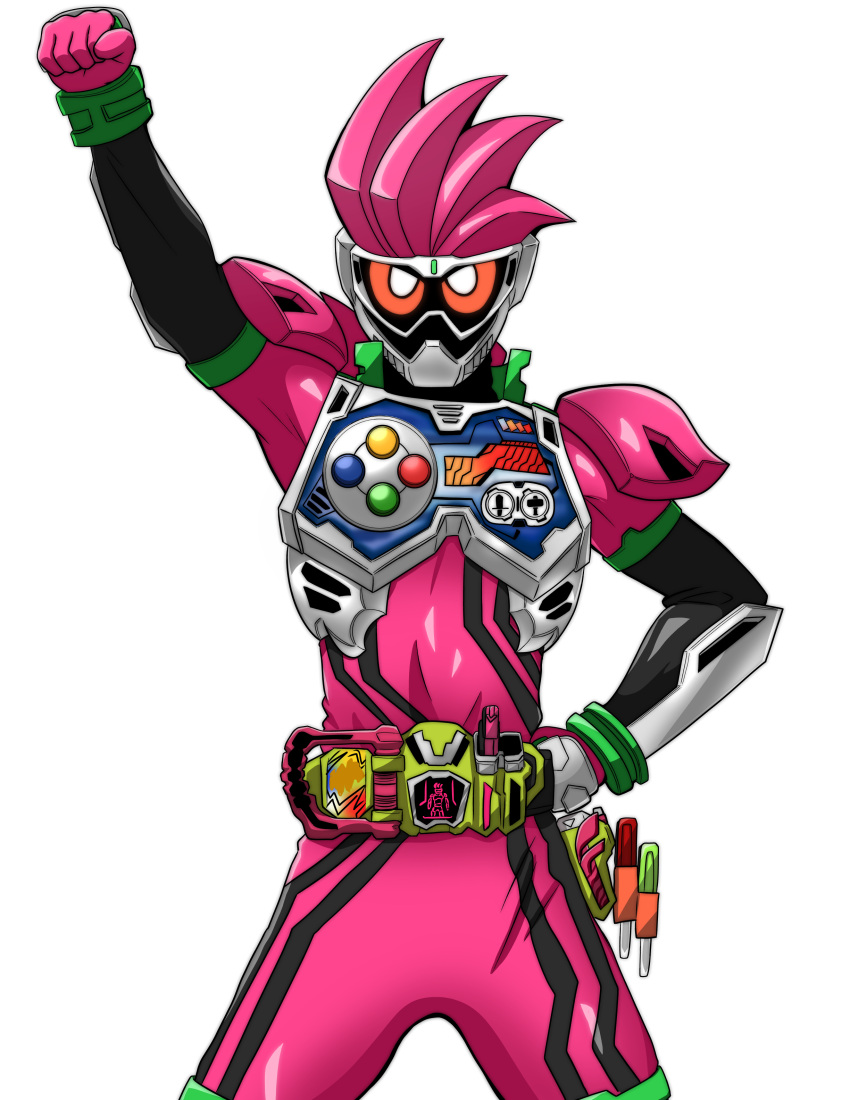 1boy absurdres arm_up clenched_hand commentary_request controller game_controller gamepad hand_on_own_hip highres holster kamen_rider kamen_rider_ex-aid kamen_rider_ex-aid_(series) looking_at_viewer male_focus raised_fist rider_belt simple_background solo takezuchi tokusatsu white_background