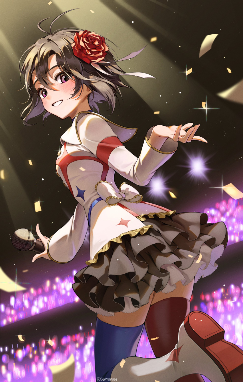 absurdres antenna_hair asymmetrical_legwear black_hair black_skirt blush breasts confetti flower glowstick hair_flower hair_ornament hd_(sw4189101) highres holding holding_microphone idol idolmaster idolmaster_(classic) idolmaster_movie kikuchi_makoto layered_skirt looking_at_viewer microphone short_hair skirt small_breasts smile starpiece_memories_(idolmaster) uneven_legwear violet_eyes