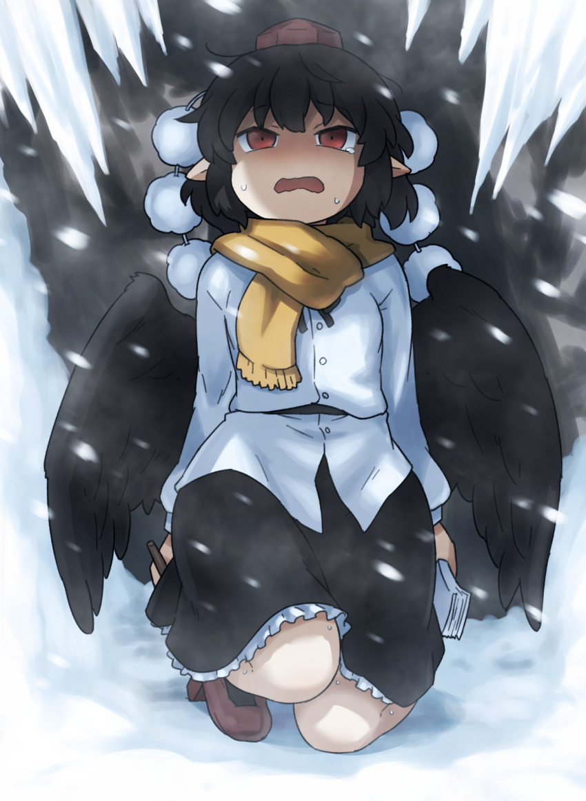 1girl bird_wings black_hair black_wings blush feathered_wings feathers geta hat highres lotus_eaters motion_blur open_mouth pointy_ears pom_pom_(clothes) red_eyes scarf shameimaru_aya shirosato short_hair skirt snow snowing solo tengu-geta tokin_hat touhou wings yellow_scarf