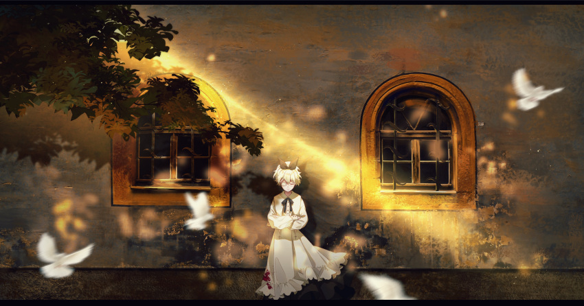 1girl absurdres bird black_bow black_ribbon blood blood_on_clothes blood_stain bow building closed_eyes crossed_arms dove dress eyepatch full_body hair_bow highres li_xueyao light_particles long_sleeves medical_eyepatch neck_ribbon original outdoors ribbon short_hair solo standing white_dress white_hair window
