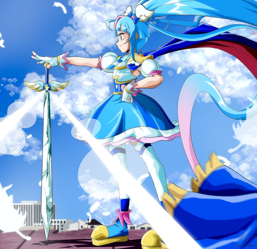 1girl absurdres ahoge blue_dress blue_eyes blue_footwear blue_hair blue_sky blurry blurry_foreground cape closed_mouth clouds commentary cure_sky cut_bangs depth_of_field detached_sleeves dress feathers fingerless_gloves from_side gloves hand_on_own_hip highres hirogaru_sky!_precure holding holding_sword holding_weapon jewelry light_rays long_hair looking_to_the_side magical_girl medium_dress multicolored_hair pink_hair precure puffy_detached_sleeves puffy_sleeves shadow shoes sind_ngmhn28 single_sidelock sky sleeveless sleeveless_dress smile solo sora_harewataru standing streaked_hair sword thigh-highs twintails two-sided_cape two-sided_fabric very_long_hair weapon white_gloves white_thighhighs wind