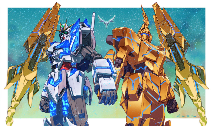 assault_visor clenched_hand daue glowing glowing_eyes green_eyes gundam gundam_narrative highres holding_hands looking_ahead looking_up mecha mobile_suit narrative_gundam no_humans nt-d robot science_fiction space unicorn_gundam_phenex v-fin