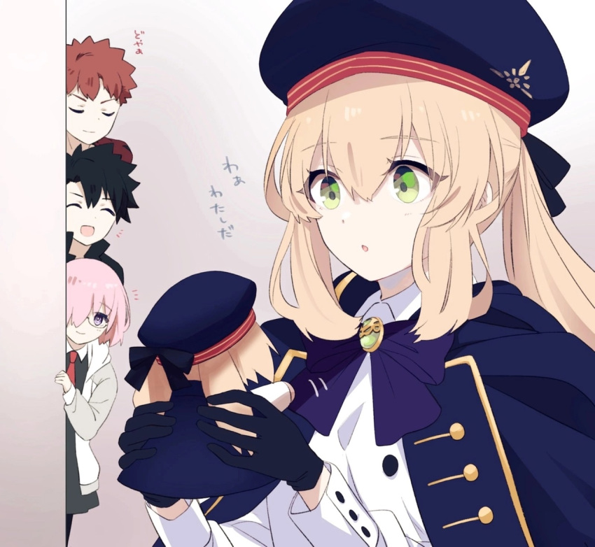 2boys 2girls artoria_caster_(fate) artoria_caster_(second_ascension)_(fate) artoria_pendragon_(fate) beret black_dress black_gloves black_hair black_jacket black_ribbon blue_cloak blue_headwear bow breasts buttons cloak closed_eyes closed_mouth collared_shirt dress emiya_shirou fate/grand_order fate_(series) fujimaru_ritsuka_(male) gem gloves gold_trim green_eyes green_gemstone grey_sweater hair_between_eyes hair_over_one_eye hat jacket long_hair long_sleeves mash_kyrielight meme multiple_boys multiple_girls necktie non-web_source open_mouth orange_hair ornament pink_eyes pink_hair purple_bow ribbon senji_muramasa_(fate) shirt short_hair simple_background small_breasts smile sweater twintails