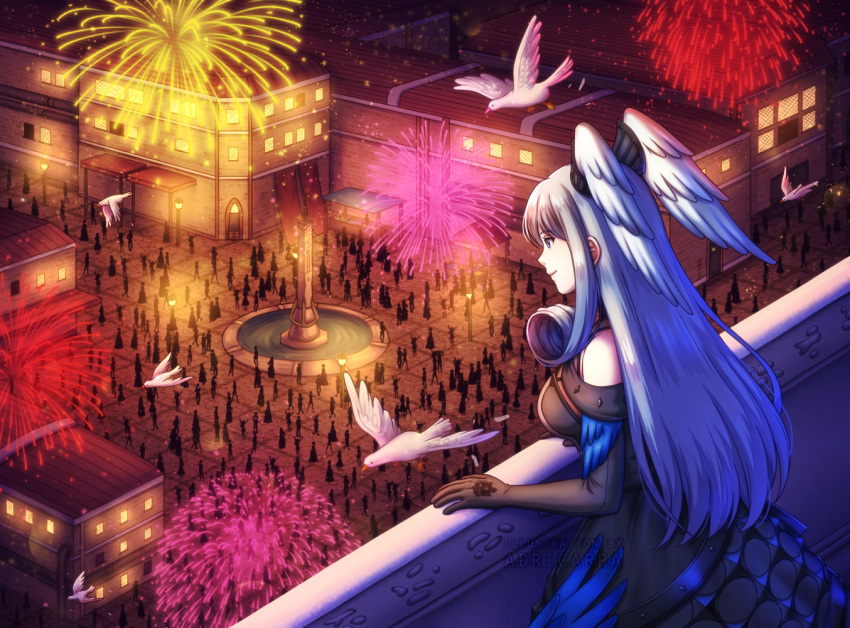 1girl adricarra artist_name balcony bare_shoulders bird black_dress black_gloves blue_eyes breasts city_lights closed_mouth curly_hair dress elbow_gloves fireworks from_side gloves head_wings long_hair looking_afar medium_breasts melia_antiqua outdoors people smile upper_body white_bird xenoblade_chronicles_(series) xenoblade_chronicles_3