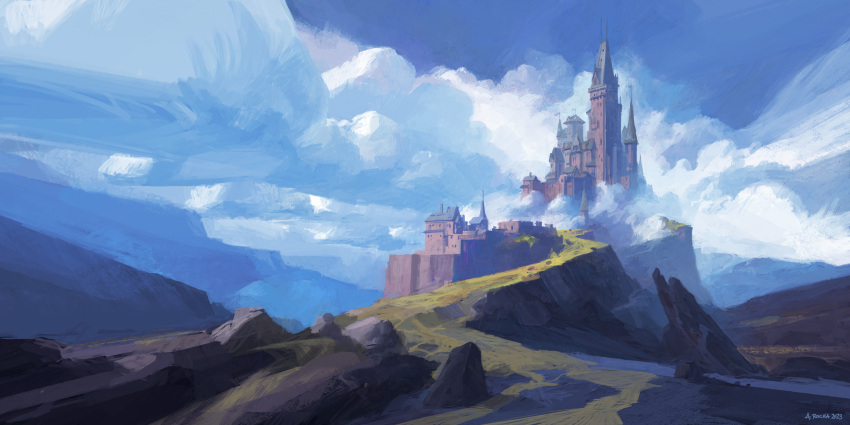 andreas_rocha artist_name blue_sky castle clouds european_architecture highres mountain no_humans original outdoors rock sky watermark