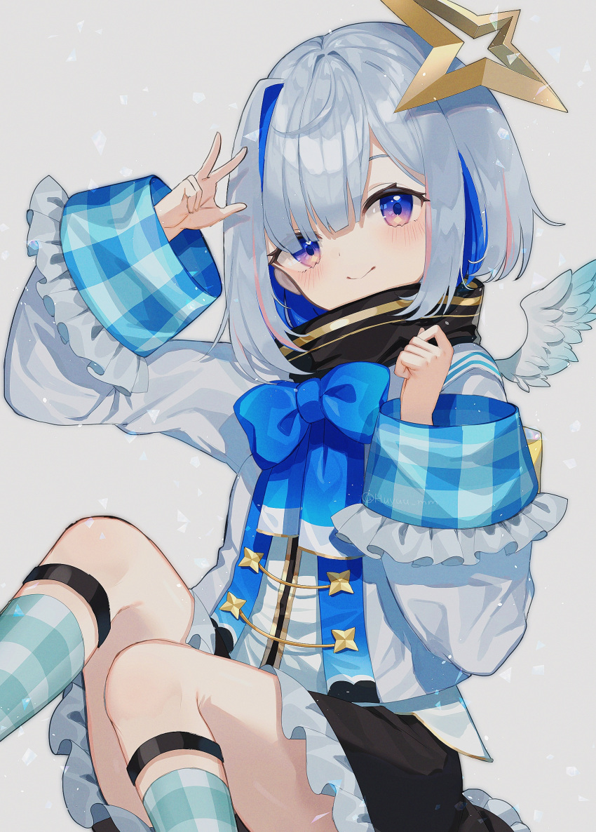 1girl absurdres amane_kanata angel angel_wings asymmetrical_bangs black_dress blue_bow blue_bowtie blush bow bowtie closed_mouth colored_inner_hair cropped_jacket dress feathered_wings frilled_cuffs frilled_dress frills fuinagi_(huyuu_mm) gingham_legwear gradient_wings grey_hair grey_jacket halo highres hololive jacket kneehighs long_hair long_sleeves looking_at_viewer multicolored_hair multicolored_wings simple_background single_hair_intake sitting smile socks solo star_halo turtleneck v virtual_youtuber white_jacket wide_sleeves wings