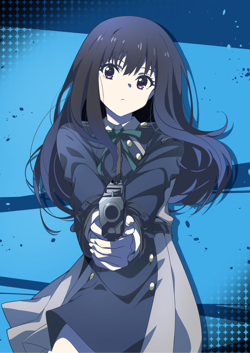 1girl absurdres aiming black_hair blue_ribbon commentary cowboy_shot gun hair_ribbon highres inoue_takina long_hair looking_at_viewer lycoris_recoil lycoris_uniform neckerchief ribbon solo tokiani two-tone_dress violet_eyes weapon