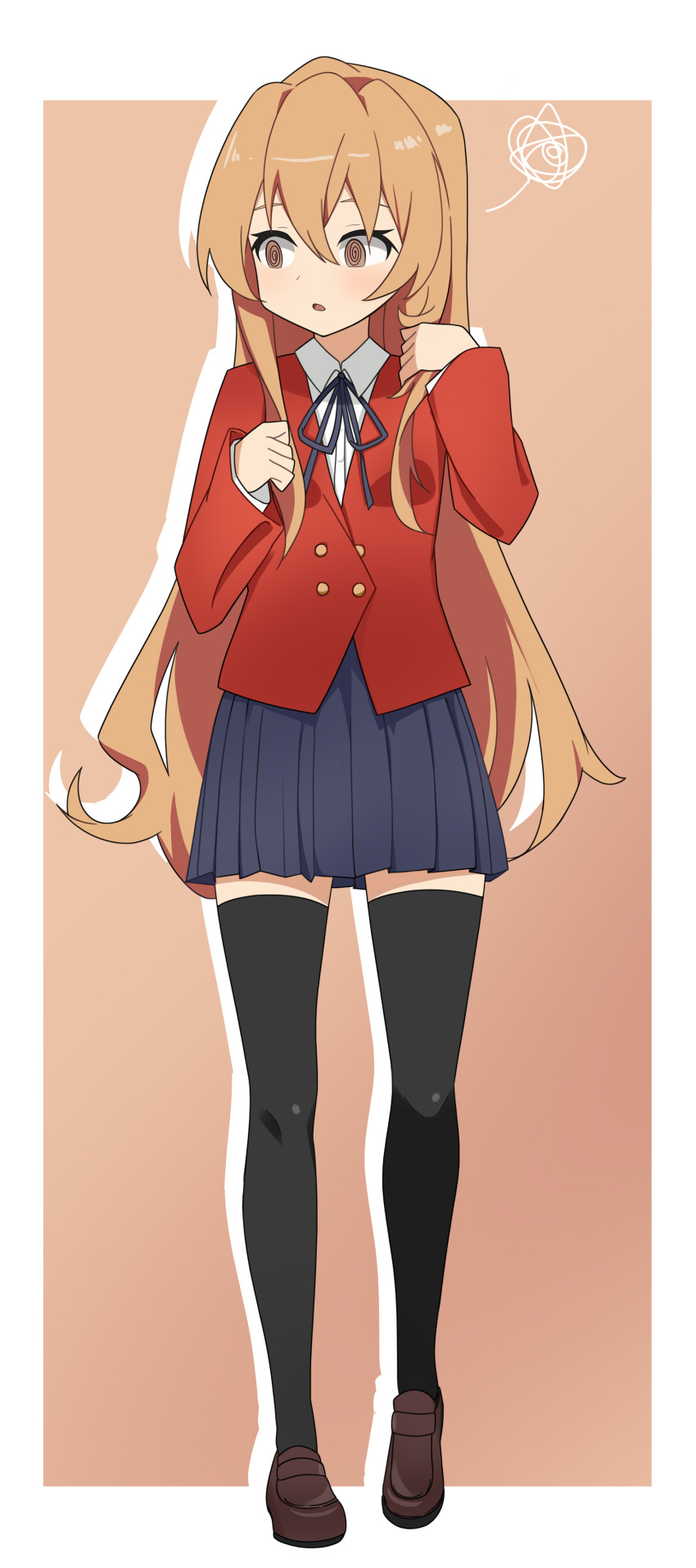 1girl @_@ absurdres aisaka_taiga black_thighhighs blazer blue_skirt brown_eyes brown_footwear collared_shirt dress_shirt full_body hci+ highres jacket light_brown_hair loafers long_hair looking_to_the_side oohashi_high_school_uniform pink_background red_jacket school_uniform shirt shoes skirt solo thigh-highs toradora! white_shirt