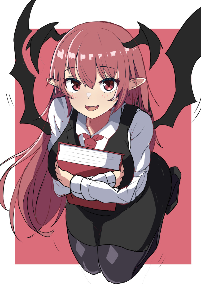 1girl :d bat_wings book breasts fang from_above hair_between_eyes head_wings highres holding holding_book kneeling koakuma large_breasts long_hair long_sleeves looking_at_viewer motion_lines necktie pantyhose pointy_ears red_background redhead shirt simple_background skin_fang skirt smile suberaku touhou upturned_eyes very_long_hair vest wing_collar wings