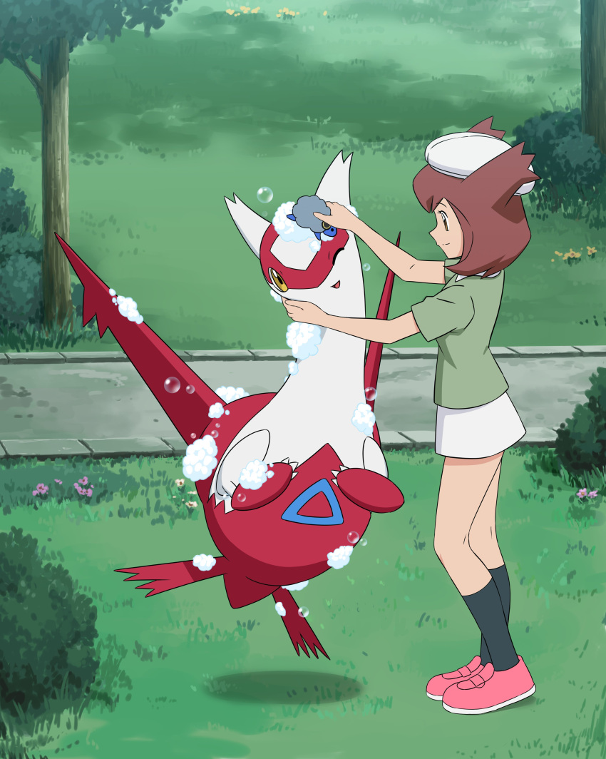 1girl absurdres beret bianca_(pokemon_heroes) black_socks brown_hair bubble bush closed_mouth day grass green_shirt hat highres ia_(ilwmael9) latias medium_hair outdoors pink_footwear pokemon pokemon_(anime) pokemon_(classic_anime) pokemon_(creature) pokemon_heroes:_latios_&amp;_latias shirt shoes short_sleeves smile socks standing tree washing white_headwear