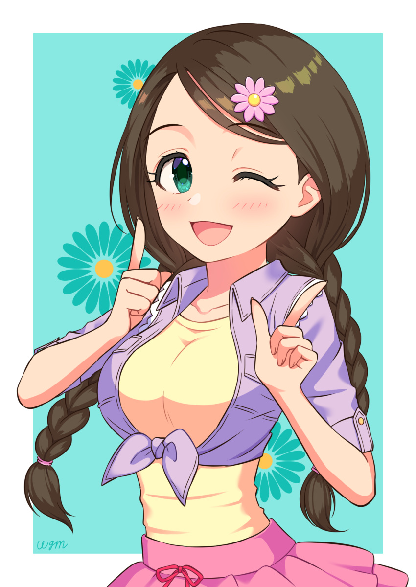 1girl akanishi_erika artist_name blush braid breasts brown_hair collarbone flower green_background green_eyes hair_flower hair_ornament highres idolmaster idolmaster_cinderella_girls idolmaster_cinderella_girls_starlight_stage index_finger_raised jacket large_breasts long_hair looking_at_viewer one_eye_closed open_clothes open_jacket open_mouth pink_skirt purple_jacket shirt simple_background skirt smile solo twin_braids wgm_oekaki yellow_shirt