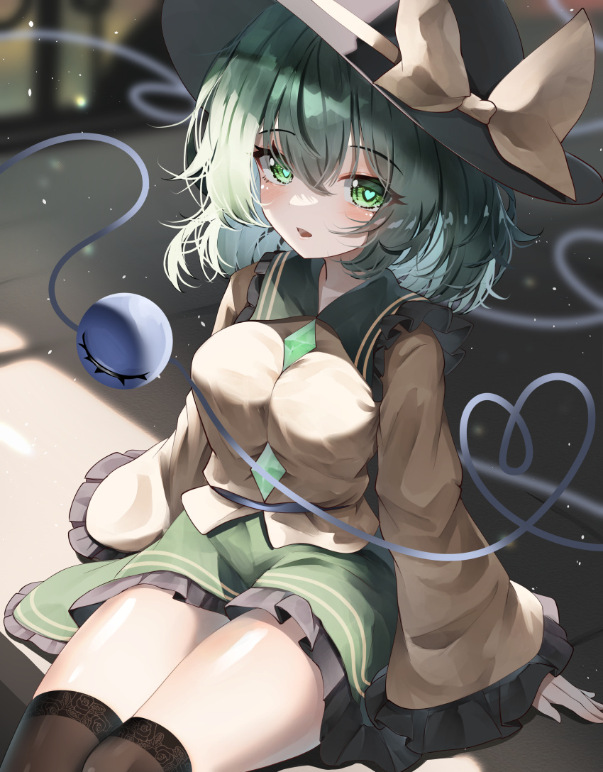 1girl absurdres black_headwear black_thighhighs blurry blurry_background blush bow breasts buttons dfra diamond_button eyeball frilled_shirt_collar frilled_sleeves frills green_eyes green_hair green_skirt hat hat_bow hat_ribbon heart heart-shaped_pupils heart_of_string highres komeiji_koishi large_breasts looking_at_viewer open_mouth ribbon shirt sitting skirt solo symbol-shaped_pupils thigh-highs third_eye touhou wavy_hair wide_sleeves yellow_ribbon yellow_shirt