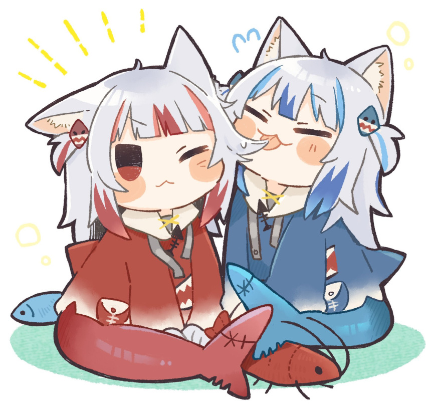 2girls :3 :p ;3 animal_ear_fluff animal_ears blue_hair blunt_bangs blush_stickers cat_ears chibi closed_eyes commentary drawstring dual_persona ebi-chan_(gawr_gura) fins fish fish_tail gawr_gura hair_ornament highres hololive hololive_english long_hair multicolored_hair multiple_girls one_eye_closed red_eyes redhead reflect_(gawr_gura) same_anko shark_tail shrimp symbol-only_commentary tail tongue tongue_out two-tone_hair two_side_up virtual_youtuber white_hair