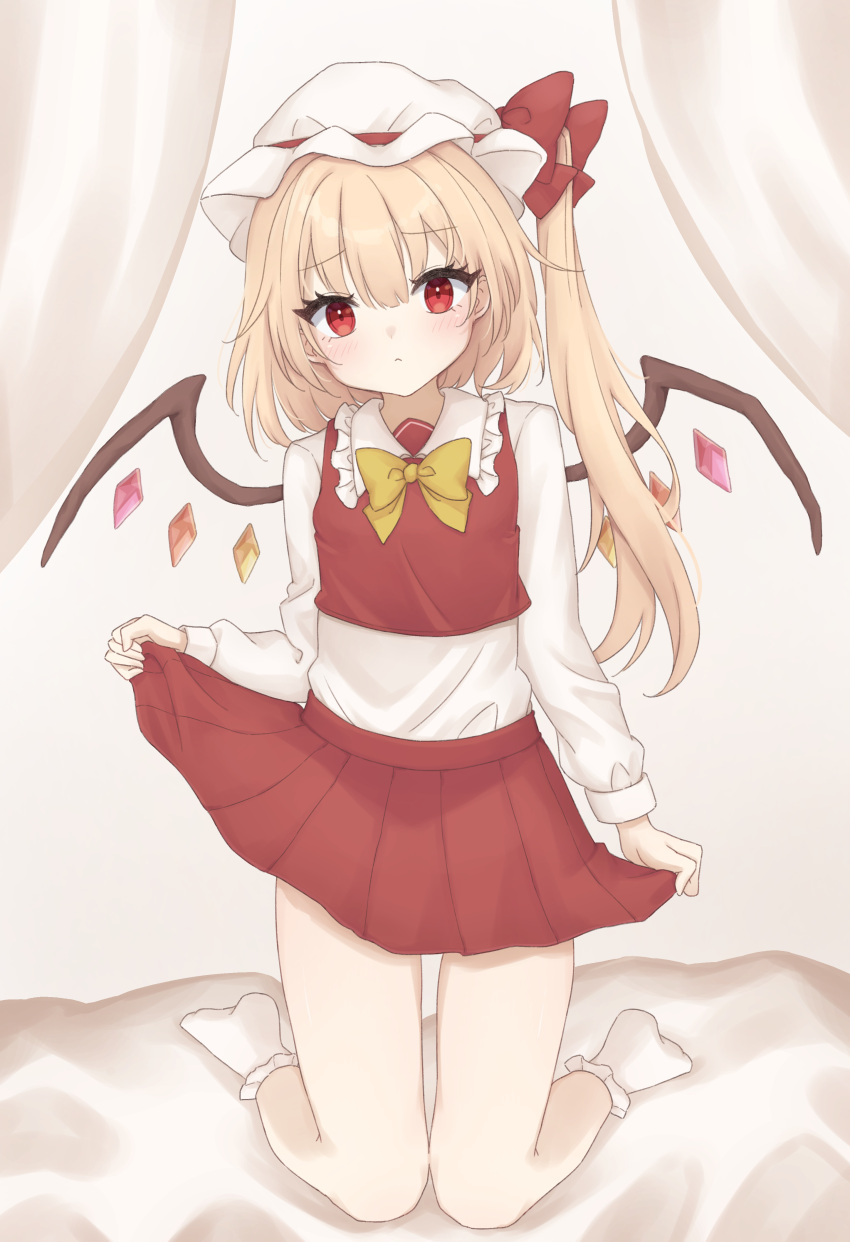 1girl :/ absurdres alternate_neckwear bare_legs blonde_hair bow bowtie clothes_lift curtains flandre_scarlet full_body gaden19 hat highres kneeling lifted_by_self long_sleeves looking_at_viewer medium_hair mob_cap one_side_up red_eyes red_skirt shirt skirt skirt_hold skirt_lift socks solo touhou white_headwear wings yellow_bow yellow_bowtie
