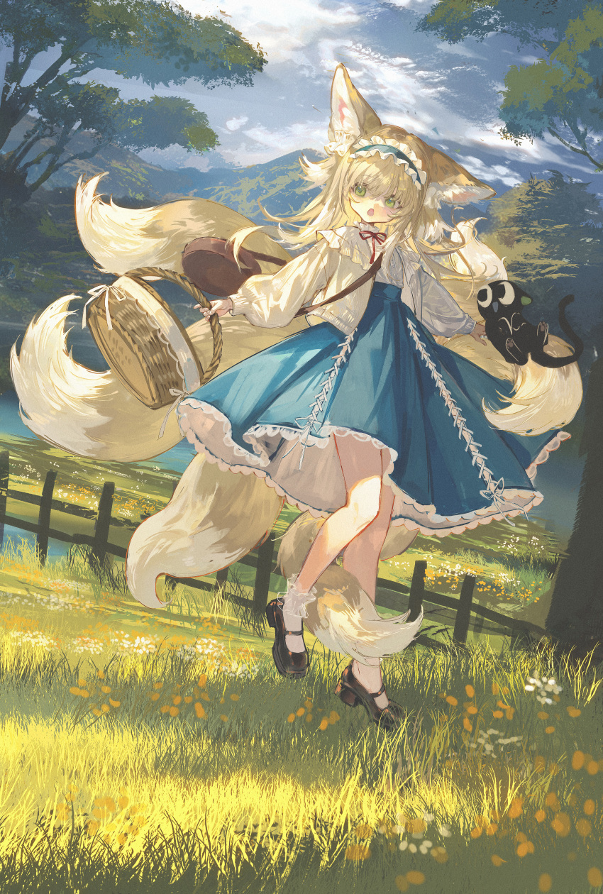 1girl absurdres animal_ears arknights bag basket black_cat blonde_hair blue_skirt cardigan cat crossover day fox_ears fox_girl fox_tail frilled_hairband frills grass green_eyes hairband highres holding holding_basket kitsune lace-trimmed_skirt lace_trim large_ears looking_at_viewer luoxiaohei multiple_tails neck_ribbon open_mouth outdoors red_ribbon ribbon shi_shihou shoulder_bag skirt suzuran_(arknights) suzuran_(spring_praise)_(arknights) tail the_legend_of_luo_xiaohei tree yellow_cardigan