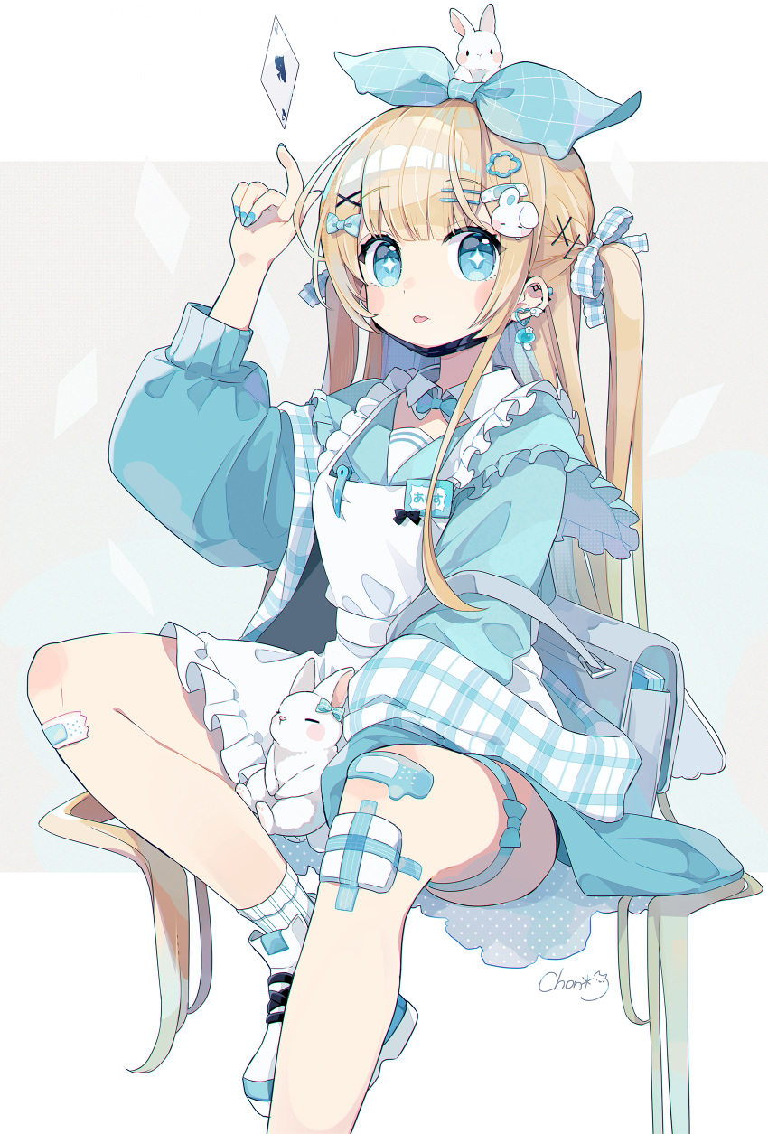+_+ 1girl :p absurdres alice_(alice_in_wonderland) alice_in_wonderland animal apron arm_up backpack bag bandages bandaid bandaid_on_leg blonde_hair blue_bow blue_dress blue_eyes blue_nails blunt_bangs blush blush_stickers bow bowtie card chon_(chon33v) commentary_request dress ear_piercing earrings fingernails frilled_apron frills hair_bow hair_ornament hair_ribbon hairclip hairpin hand_up heart heart-shaped_pupils highres jewelry long_hair long_sleeves looking_at_viewer mask mouth_mask nail_polish piercing playing_card rabbit rabbit_hair_ornament ribbon sailor_collar shoes sidelocks signature simple_background sitting socks solo symbol-shaped_pupils thigh_strap tongue tongue_out two_side_up very_long_hair white_apron white_background white_footwear white_socks x_hair_ornament