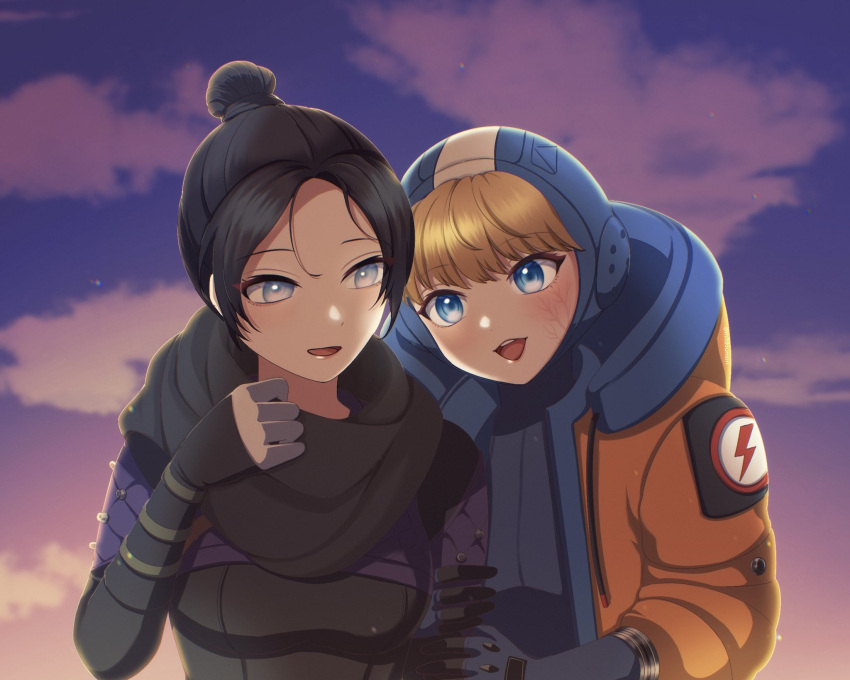 2girls animification apex_legends black_bodysuit black_gloves black_hair black_scarf blonde_hair blue_bodysuit blue_eyes blue_gloves blush bodysuit breasts clouds gloves grey_eyes hair_between_eyes hair_bun head_tilt highres hood hood_down hood_up hooded_jacket jacket looking_down medium_breasts milmil7 multiple_girls open_mouth orange_jacket parted_bangs ribbed_bodysuit scar scar_on_cheek scar_on_face scarf single_hair_bun sky smile wattson_(apex_legends) wraith_(apex_legends)