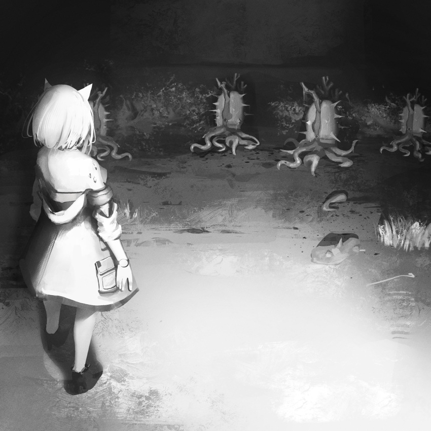 1girl absurdres animal_ears arknights cat_ears cat_girl dress facing_away from_behind full_body grass greyscale highres kal'tsit_(arknights) kusami_toka_naku_au monochrome monster nethersea_spewer_(arknights) off-shoulder_dress off_shoulder oripathy_lesion_(arknights) shoes short_hair solo standing watch watch waves