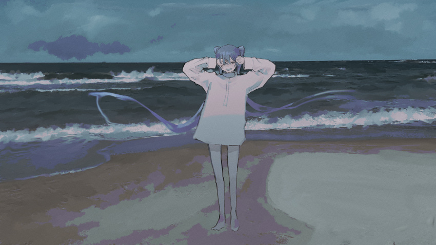 1girl absurdres aqua_hair aqua_mouth barefoot beach commentary film_grain floating_hair full_body grey_eyes hand_in_own_hair hand_over_eye hands_up hatsune_miku high_collar highres kajiwara_3 long_hair long_sleeves no_pants ocean open_mouth outdoors overcast oversized_clothes oversized_shirt sand shirt smile solo standing twintails very_long_hair vocaloid waves white_shirt