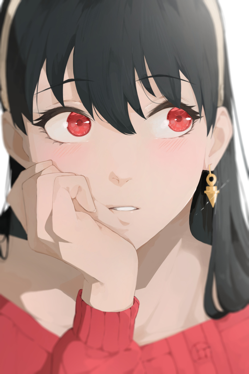 1girl absurdres black_hair close-up earrings gold_earrings gold_hairband hairband hand_on_own_cheek hand_on_own_face hand_up head_rest highres jewelry light_blush long_hair looking_away niri_(eunhaha02) parted_lips red_eyes red_sweater solo spy_x_family sweater teeth upper_body yor_briar
