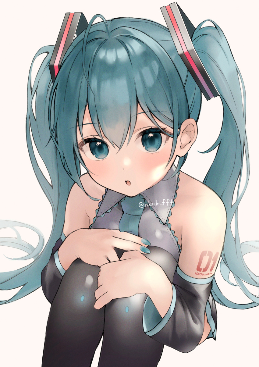 absurdres ahoge arm_tattoo armpit_crease bare_shoulders black_skirt black_sleeves black_thighhighs blush commentary_request detached_sleeves eyelashes green_eyes green_hair green_nails grey_shirt hair_between_eyes half_updo hatsune_miku highres hugging_own_legs knees_up long_hair long_sleeves looking_at_viewer miniskirt nail_polish open_mouth pleated_skirt shirt simple_background sitting skirt sleeveless sleeveless_shirt tananuki tattoo thigh-highs twintails twitter_username upturned_eyes very_long_hair vocaloid white_background wide_sleeves zettai_ryouiki
