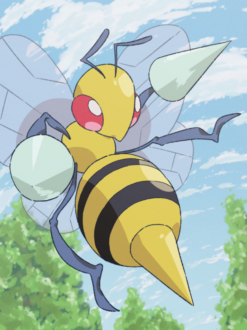 absurdres animal_focus antennae beedrill bright_pupils clouds commentary_request day highres looking_down no_humans outdoors pink_eyes pokemon pokemon_(creature) polyushitako sky white_pupils