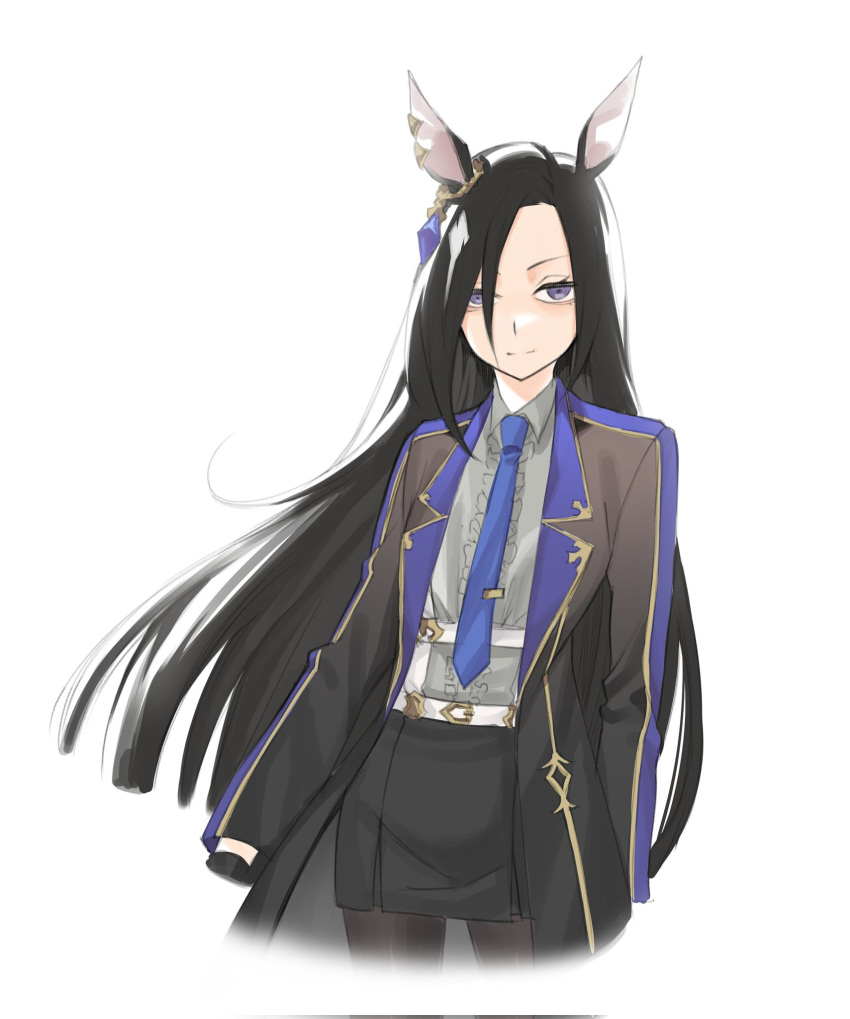 1girl animal_ears belt black_coat black_hair black_pantyhose black_skirt blue_necktie closed_mouth coat collared_shirt cropped_legs fukuro_(maruaru00) grey_shirt heart's_cry_(racehorse) highres horse_ears long_hair long_sleeves looking_at_viewer necktie open_clothes open_coat original pantyhose pencil_skirt personification shirt shirt_tucked_in simple_background skirt smile solo umamusume violet_eyes white_background