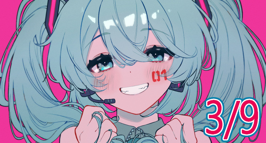 1girl alzcats aqua_eyes aqua_hair collared_shirt commentary dated facial_tattoo grin hair_between_eyes hand_in_own_hair hatsune_miku headset long_hair number_tattoo pink_background portrait shirt sleeveless sleeveless_shirt smile solo tattoo twintails vocaloid