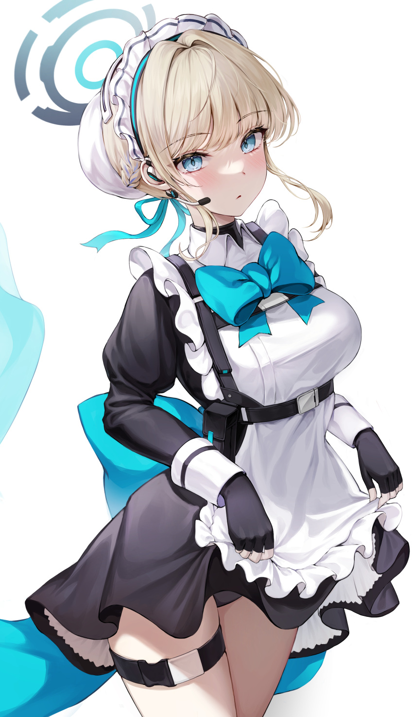 1girl absurdres apron black_dress black_gloves blonde_hair blue_archive blue_bow blue_bowtie blue_eyes blue_halo blush bow bowtie bun_cover dress earpiece gloves halo highres kuca_(ku_ca18) long_sleeves looking_at_viewer maid_apron maid_headdress mechanical_halo solo standing thigh_strap toki_(blue_archive) white_apron