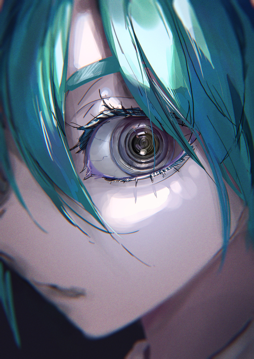 1girl absurdres alternate_eye_color android aqua_hair artificial_eye black_eyes blurry camera_lens close-up collared_shirt depth_of_field english_commentary eye_focus film_grain from_side hair_between_eyes hatsune_miku highres mechanical_eye open_mouth pale_skin portrait roitz_(_roitz_) shirt solo thick_eyebrows vocaloid white_shirt