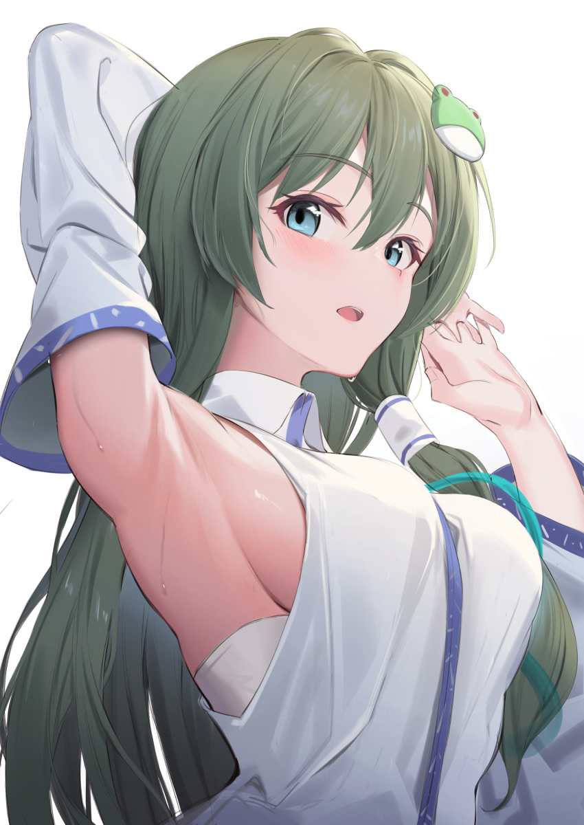 1girl absurdres armpits blush breasts collared_shirt detached_sleeves frog frog_hair_ornament green_eyes green_hair hair_ornament hair_tubes highres kochiya_sanae kokenashi long_hair looking_at_viewer medium_breasts open_mouth shirt simple_background sleeveless sleeveless_shirt smile snake snake_hair_ornament solo touhou white_background white_shirt