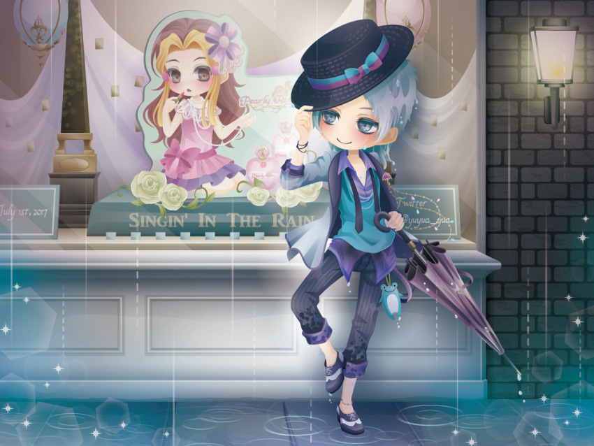 1boy 1girl adjusting_clothes adjusting_headwear alternate_costume blonde_hair brother_and_sister brown_hair frog_charm grey_eyes holding holding_lipstick holding_umbrella jojo_no_kimyou_na_bouken lamp multicolored_hair necktie pants pants_rolled_up perla_pucci siblings singin'_in_the_rain standing standing_on_one_leg stone_ocean two-tone_hair umbrella undone_necktie weather_report white_hair window yuyua_yua