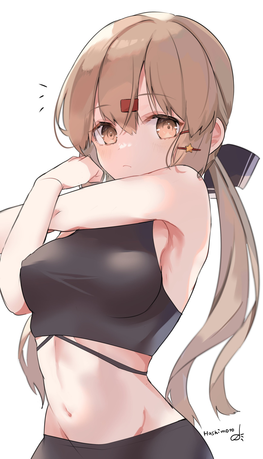 1girl absurdres alternate_costume black_sports_bra blush breasts brown_eyes brown_hair exercise hair_between_eyes hair_ornament hairclip highres kantai_collection long_hair looking_at_viewer low_twintails medium_breasts navel pants raymie0124 simple_background solo sports_bra sportswear stretching tashkent_(kancolle) twintails upper_body white_background yoga_pants