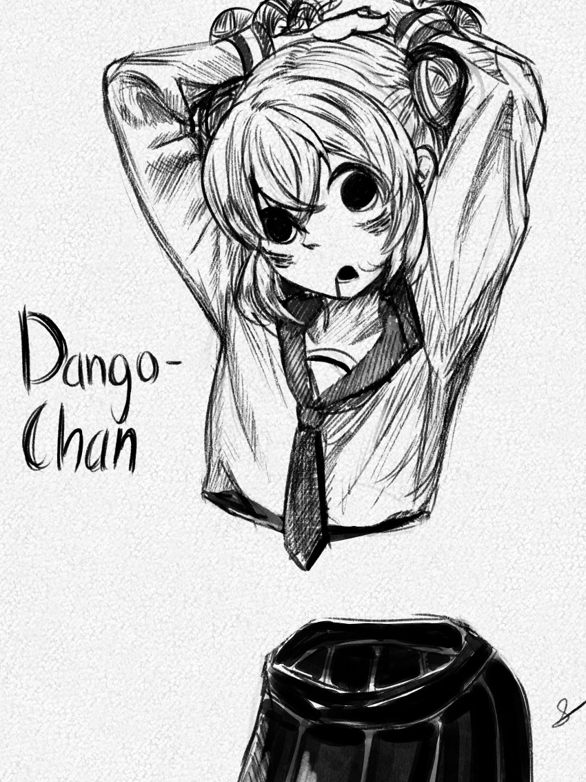 1girl absurdres adjusting_hair arms_up bags_under_eyes bisected borrowed_character character_name commentary dango-chan_(4shi) double_bun drooling english_commentary hair_between_eyes hair_bun highres hollow_eyes kouinomi long_sleeves looking_at_viewer monochrome neckerchief no_torso open_mouth original pleated_skirt sailor_collar school_uniform serafuku shirt short_hair simple_background skirt solo white_background