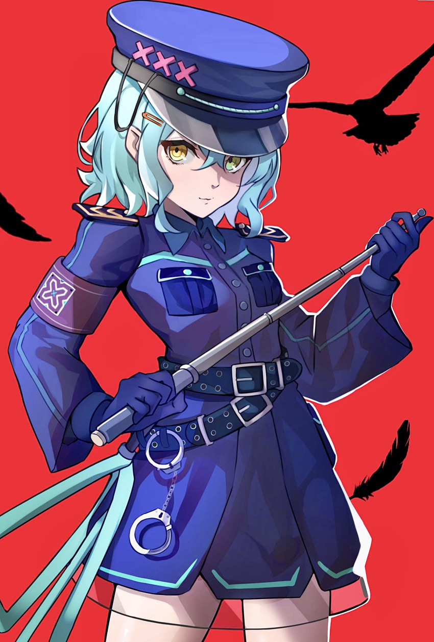 1girl aqua_hair armband baton_(weapon) belt belt_buckle black_belt blue_gloves blue_jacket blue_skirt buckle closed_mouth cowboy_shot cuffs gloves green_eyes hair_between_eyes hair_ornament hairclip handcuffs hat heterochromia highres holding holding_weapon humany jacket light_smile long_sleeves looking_at_viewer multiple_belts original police police_hat police_uniform policewoman red_background revision ringed_eyes short_hair skirt solo uniform weapon wide_sleeves yellow_eyes