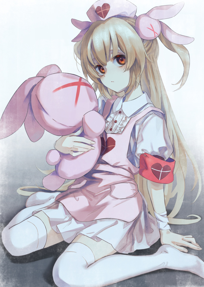 1girl absurdres apron arm_support bandaged_wrist bandages blonde_hair center_frills collared_dress commentary dress frills hair_ornament happa_de_happy hat head_tilt heart heart_print highres holding holding_stuffed_toy long_hair looking_at_viewer natori_sana no_shoes nurse nurse_cap object_hug pink_apron puffy_short_sleeves puffy_sleeves rabbit_hair_ornament red_armband red_eyes sana_channel short_dress short_sleeves sideways_glance sitting solo stuffed_animal stuffed_rabbit stuffed_toy thigh-highs two_side_up virtual_youtuber wariza white_dress white_thighhighs